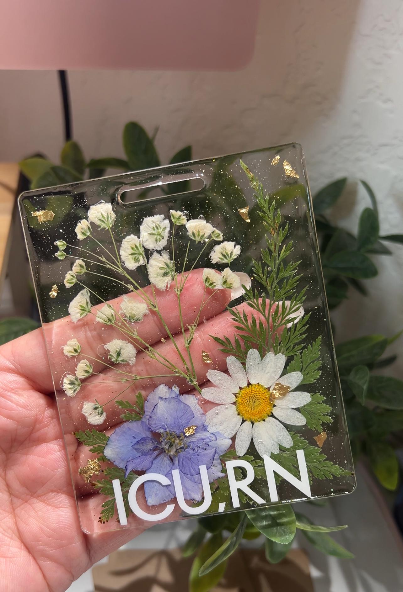 Custom Floral Nurse Badge Buddy: Pressed Flower ID Badge Reel