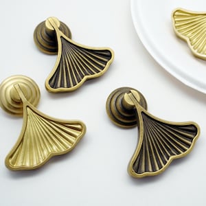 May include: Four brass cabinet knobs with a ginkgo leaf design. The knobs are in two finishes: antique brass and polished brass.