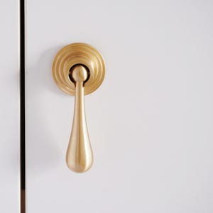 May include: A gold-toned door pull with a teardrop-shaped handle. The pull is mounted on a white door.