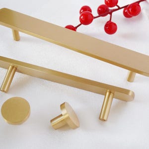 May include: Gold-toned cabinet hardware set, including two rectangular bar pulls and two round knobs. The pulls have a sleek, modern design with rounded edges. A sprig of red berries adds a touch of color to the background.