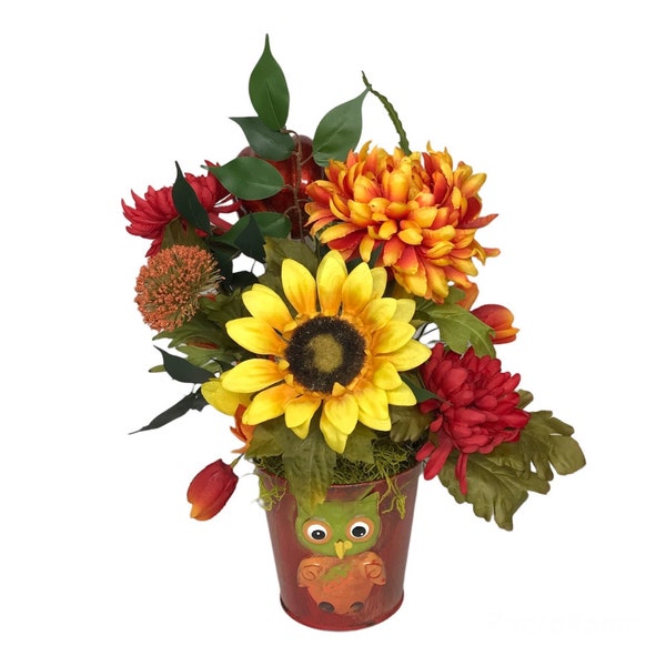 Centerpiece with sunflowers mum's pumpkins for fall in metal owl container, floral fall arrangement, autumn table, Artificial silk flowers