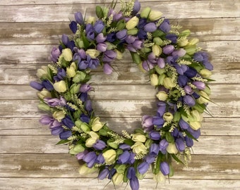 Beautiful purple and green tulip wreath for spring or Easter, Spring Front door wreath, Everyday wreath, front porch, Spring home decor