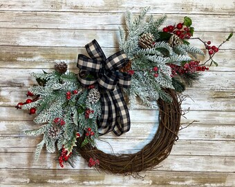 Christmas wreath, Farmhouse, Holiday wreath, Flocked evergreen iced red berry, pine cones. Buffalo plaid wreath, Outdoor pine wreath, winter