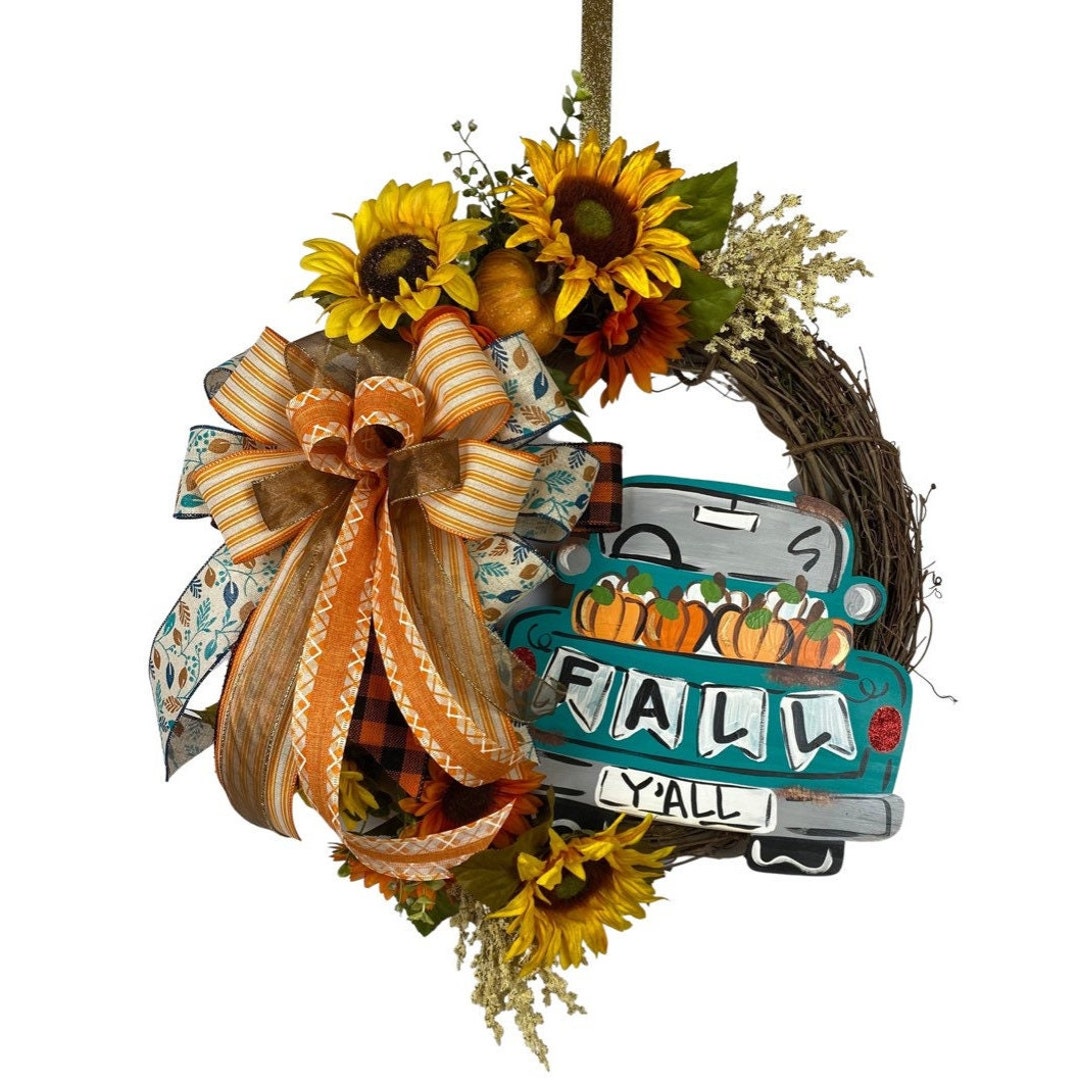 Fall Vintage Blue Truck Wreath,fall Yall Wreath, Fall Floral Wreath ...