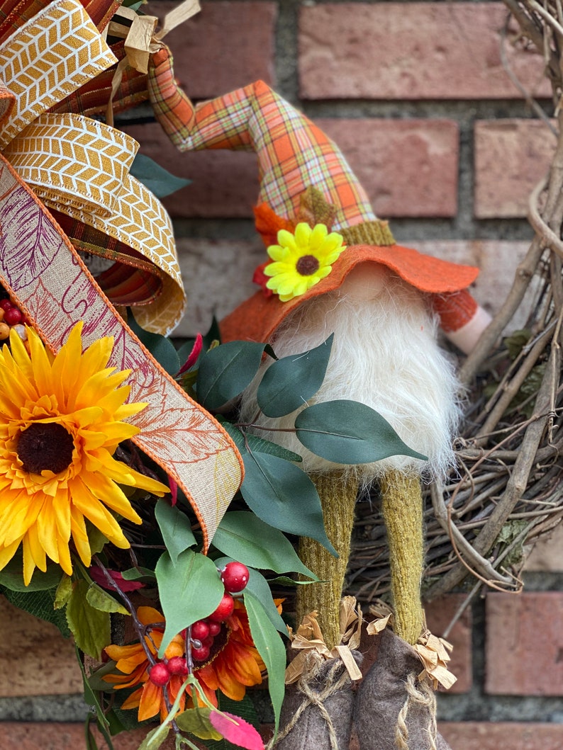 Fall Gnome Sunflower Wreath Front Door Decor Boho Fall Floral - Etsy