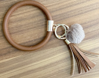 Bangle Key Ring | Bracelet Key Chain | Wristlet Keychain W Pom | Leopard Snake Black Brown Pink Cream | Upgraded Gold Clasp Gift for Women