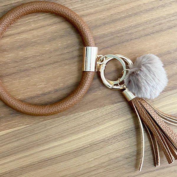 Bangle Key Ring | Bracelet Key Chain | Wristlet Keychain W Pom | Leopard Snake Black Brown Pink Cream | Upgraded Gold Clasp Gift for Women