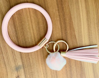 Bangle Key Ring | Bracelet Key Chain | Wristlet Keychain W Pom | Leopard Snake Black Brown Pink Cream | Upgraded Gold Clasp Gift for Women