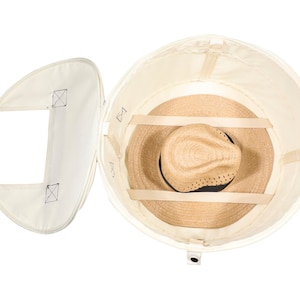 May include: A white canvas hat box with a straw hat inside. The hat box has a handle and a zipper closure. The straw hat has a wide brim and a brown ribbon.