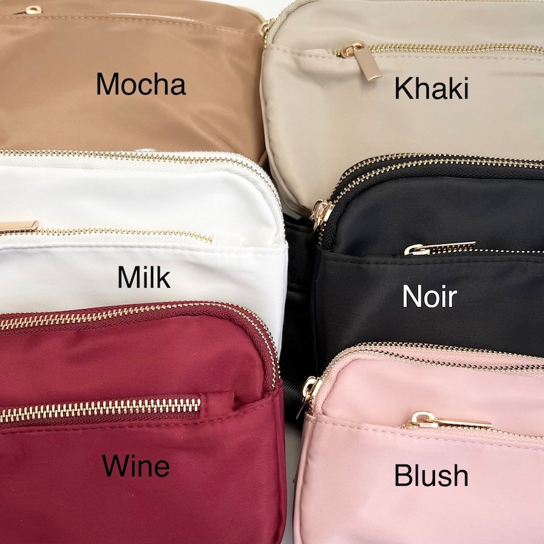 K&ouml;nnte beinhalten: Sechs kleine Umh&auml;ngetaschen in verschiedenen Farben: Mokka, Khaki, Milch, Schwarz, Wein und Rouge. Jede Tasche hat einen goldenen Rei&szlig;verschluss und eine kleine Tasche auf der Vorderseite.