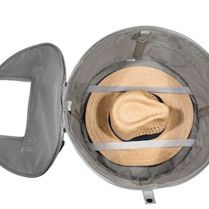 May include: A gray hat storage case with a straw hat inside. The case has a zippered opening and a handle.