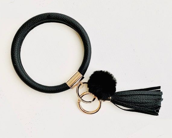 HappiBoxShop Bangle Key Ring | Bracelet Key Chain | Wristlet Keychain W Pom | Leopard Snake Black Brown Pink Cream | Upgraded Gold Clasp Gift for Women