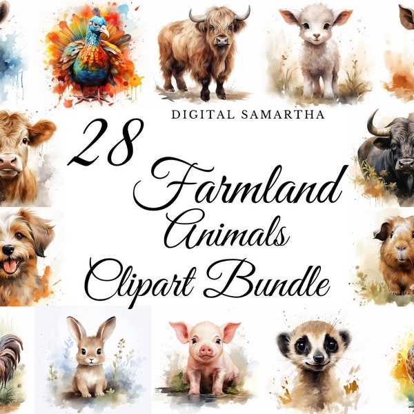 Ackerland Tiere Aquarell Clipart Bundle, Kinderzimmer Wand Dekor, Tier Poster, Geburtstag Postkarte, sofortiger Download, kommerzielle Nutzung