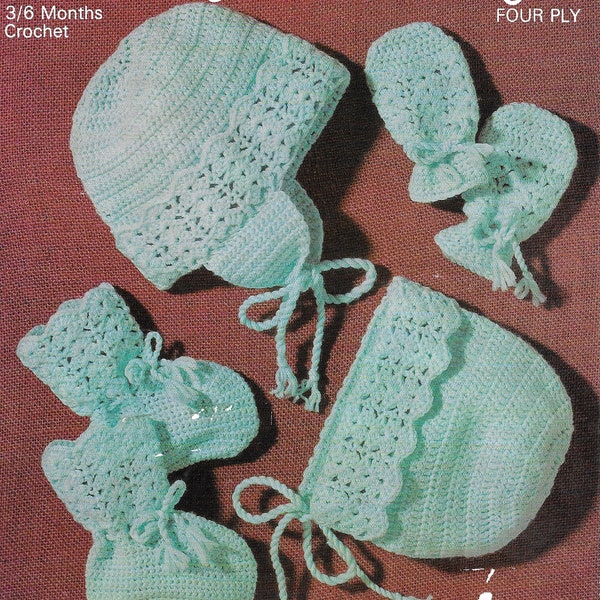 CROCHET SET pdf pattern, mittens & bonnet/ helmet, bootees for 3/6 month, 4ply handmade gloves/ hats with ties/ booties  for children