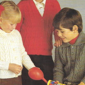 INSTANT DOWNLOAD PDF Sirdar Vintage Aran Pattern Raglan Cardigans & Jumpers for toddlers/kids, v neck sweater with collar/hood, 20-28