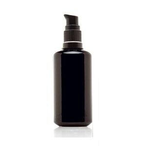 May include: A black glass bottle with a black pump dispenser. The bottle is opaque and has a smooth surface.