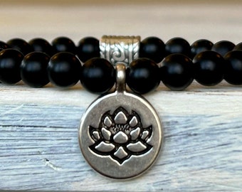 Black Onyx gemstone beaded bracelet, Lotus charm bracelet, Gift for her