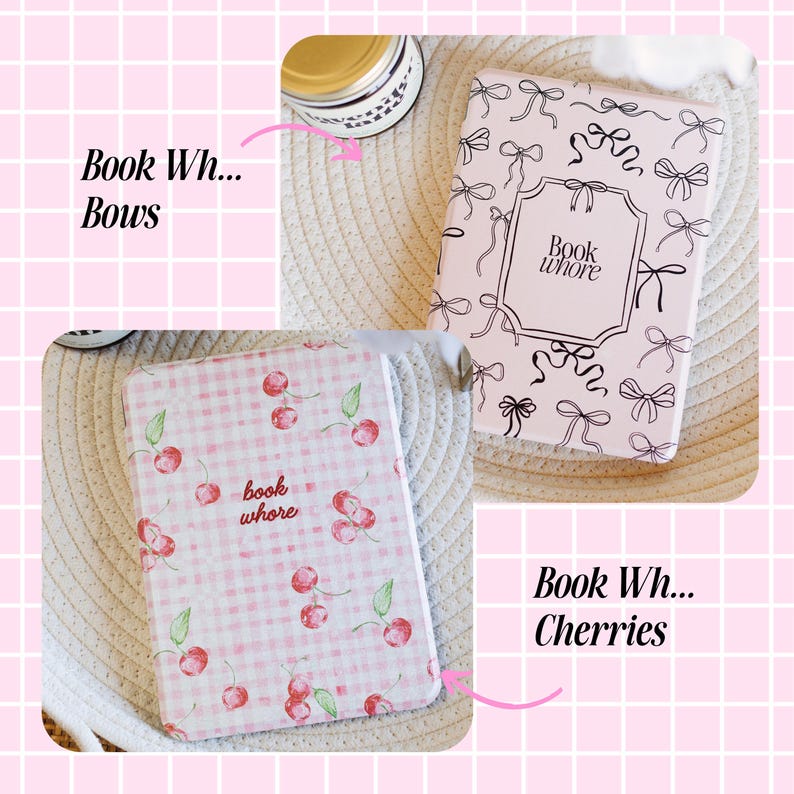 two book covers with bows, one with cherries and the other with cherries and ribbons.