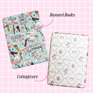 two different book covers, one with a pattern of raised fists and the other with a floral pattern. The book cover with the raised fists is labeled "Reading is political" and the one with the floral pattern is labeled "Cottagecore".