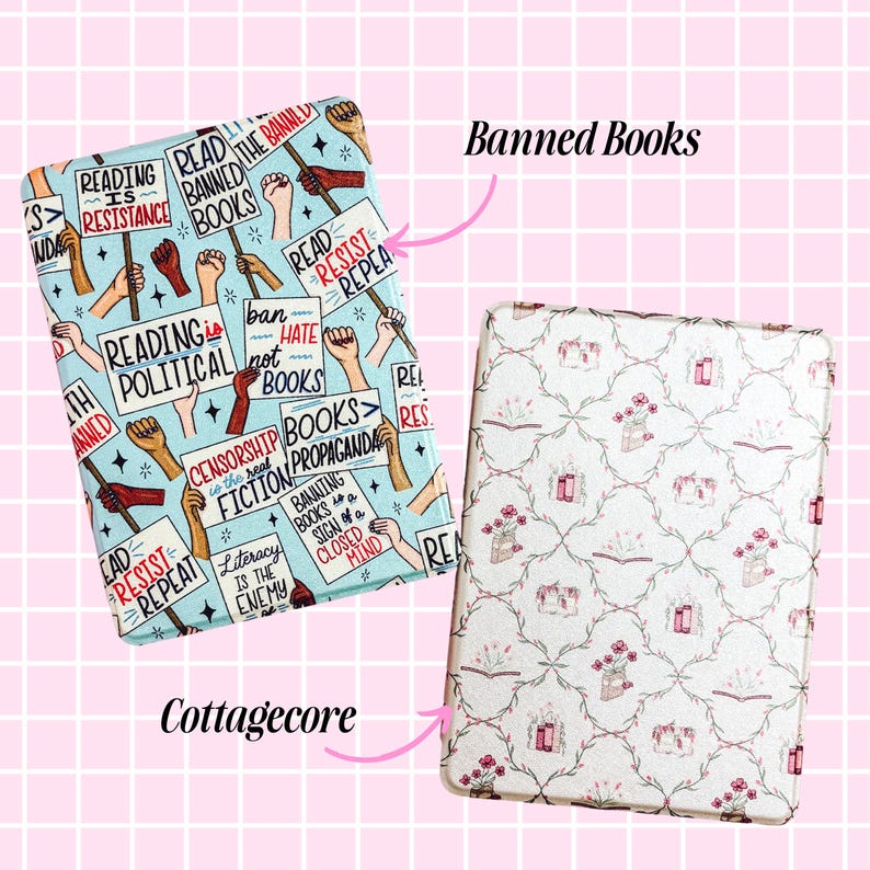 two different book covers, one with a pattern of raised fists and the other with a floral pattern. The book cover with the raised fists is labeled "Reading is political" and the one with the floral pattern is labeled "Cottagecore".