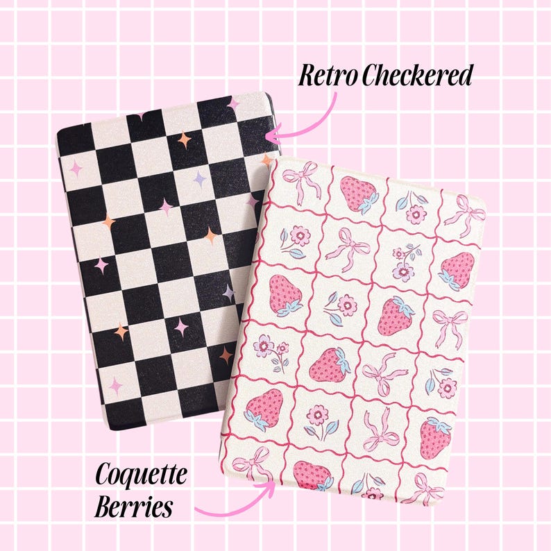 two different designs of notebooks or planners, one with a black and white checkered pattern and the other with a pink and white strawberry pattern. The text above the notebooks reads "Retro Checkered" and "Cocoquet Berries", indicating the design of the notebooks.