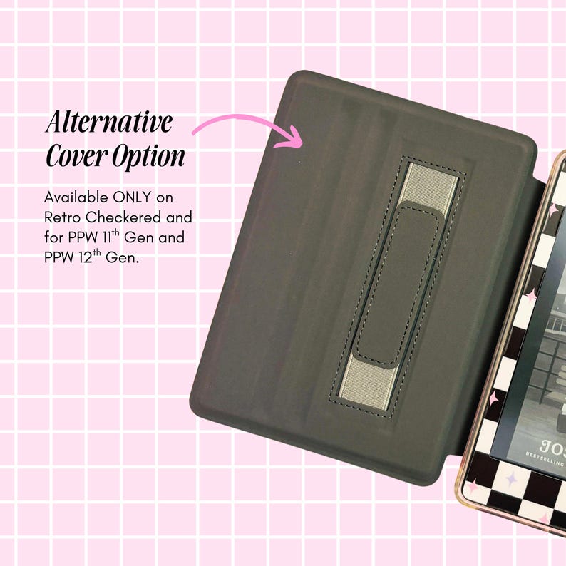 a black cover with a pink handle, placed on a pink background with a checkered pattern.