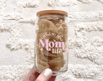 Best Mom Life Iced Glass Coffee Cup | Cup with Bamboo Lid and Straw | Birthday Gift | Mother's Day Gift for Mom's | Best Mom