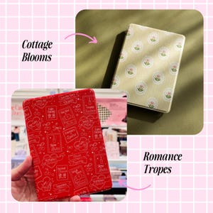 The image is a collage of two different book covers, one with a floral pattern and the other with a red and white pattern. The text above the images reads "Cottage Blooms" and "Romance Tropes", indicating the book covers are related to romance and cottage-style books.