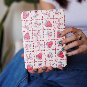 Coquette Strawberry Kindle Case: Clear Back with Handstrap. e-Reader Cover. Removable Cover Option Available