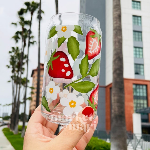 Strawberry Can Glass Cup w/Bamboo Lid & Straw