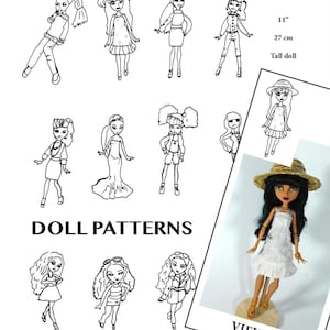 May include: A set of doll patterns for making 11-inch tall dolls. The patterns include various outfits and hairstyles. The image also shows a finished doll wearing a white dress and a straw hat. The text "DOLL PATTERNS" and "VIEW 15" are visible in the image.