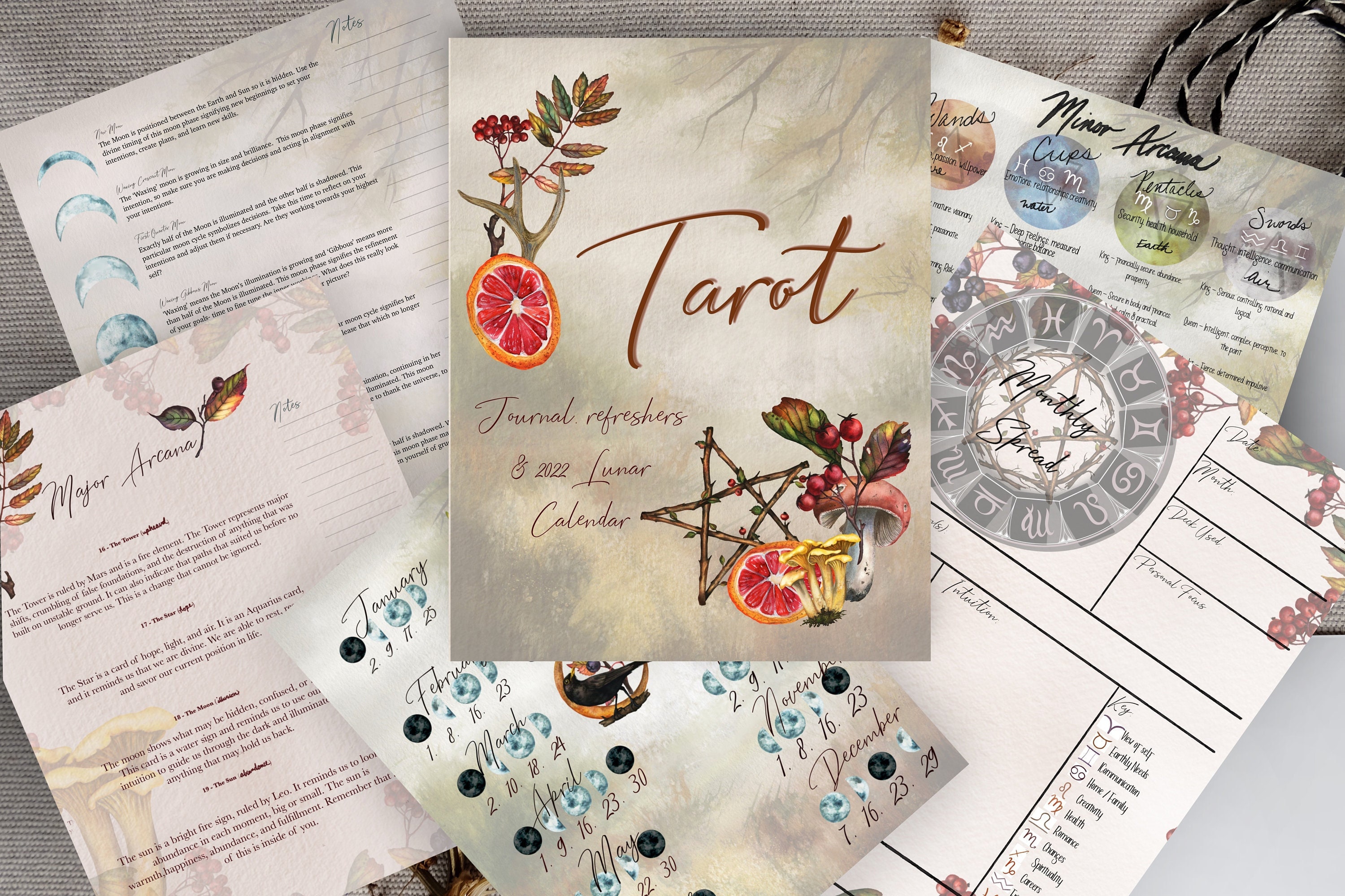 Tarot journal 2022 printable, digital tarot journal workbook, lunar calendar,  tarot tracker, witchy journal printable, tarot cheat sheet,