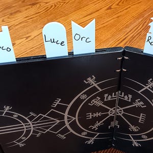 Puede incluir: Accesorio de juego de mesa negro con detalles decorativos blancos y cuatro marcadores blancos con las etiquetas "Rosco", "Luce", "Orc" y "Rowen". El accesorio del juego tiene un diseño circular.