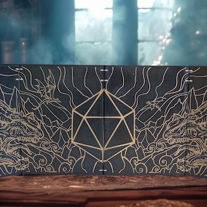 May include: A black, four-panel tabletop gaming screen featuring gold dragon and geometric designs. The center panel displays a gold D20 die. The screen is designed for role-playing games.