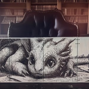Puede incluir: Ilustración en blanco y negro de un bebé dragón sobre un escritorio, rodeado de libros y una vela. El dragón tiene ojos grandes y escamas detalladas. La imagen está ambientada en una biblioteca con una silla de cuero.