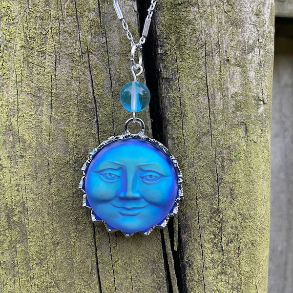 Blue Moon Necklace with Mermaid Bead / Iridescent Smiling Moon Pendant Necklace / Full Moon Face Pendant on Silver Chain