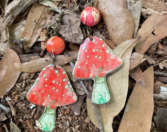 Mushroom Earrings / Magical Orange Spotted Mushroom Earrings / Fairy Mushroom Dangle Earrings / Magickal Mushroom Earrings