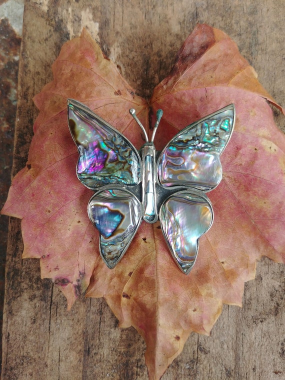 Vintage Abalone Butterfly Pin / Alpaca Silver Abal