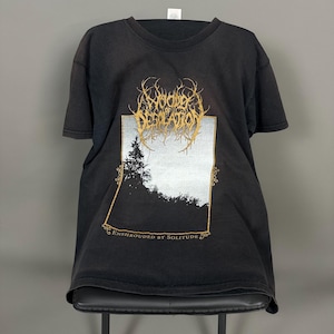 Może przedstawiać: Czarny t-shirt z złotą i białą grafiką. Grafika zawiera tekst "Beyond Desolation" i "Enshrouded by Solitude" z projektem krajobrazu. Koszulka jest prezentowana na czarnym krześle.
