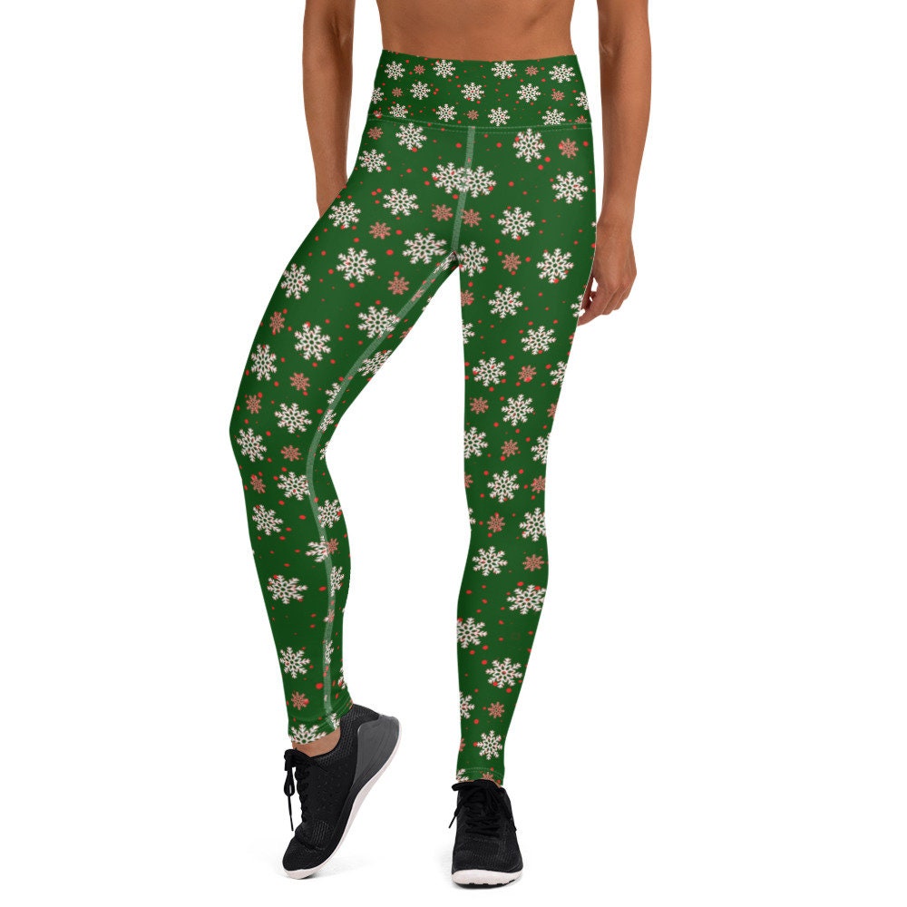 Holiday Leggings Green with Snowflakes | Etsy