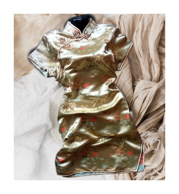 Cheongsam dress,Vintage gold dress,Chinese dress,D
