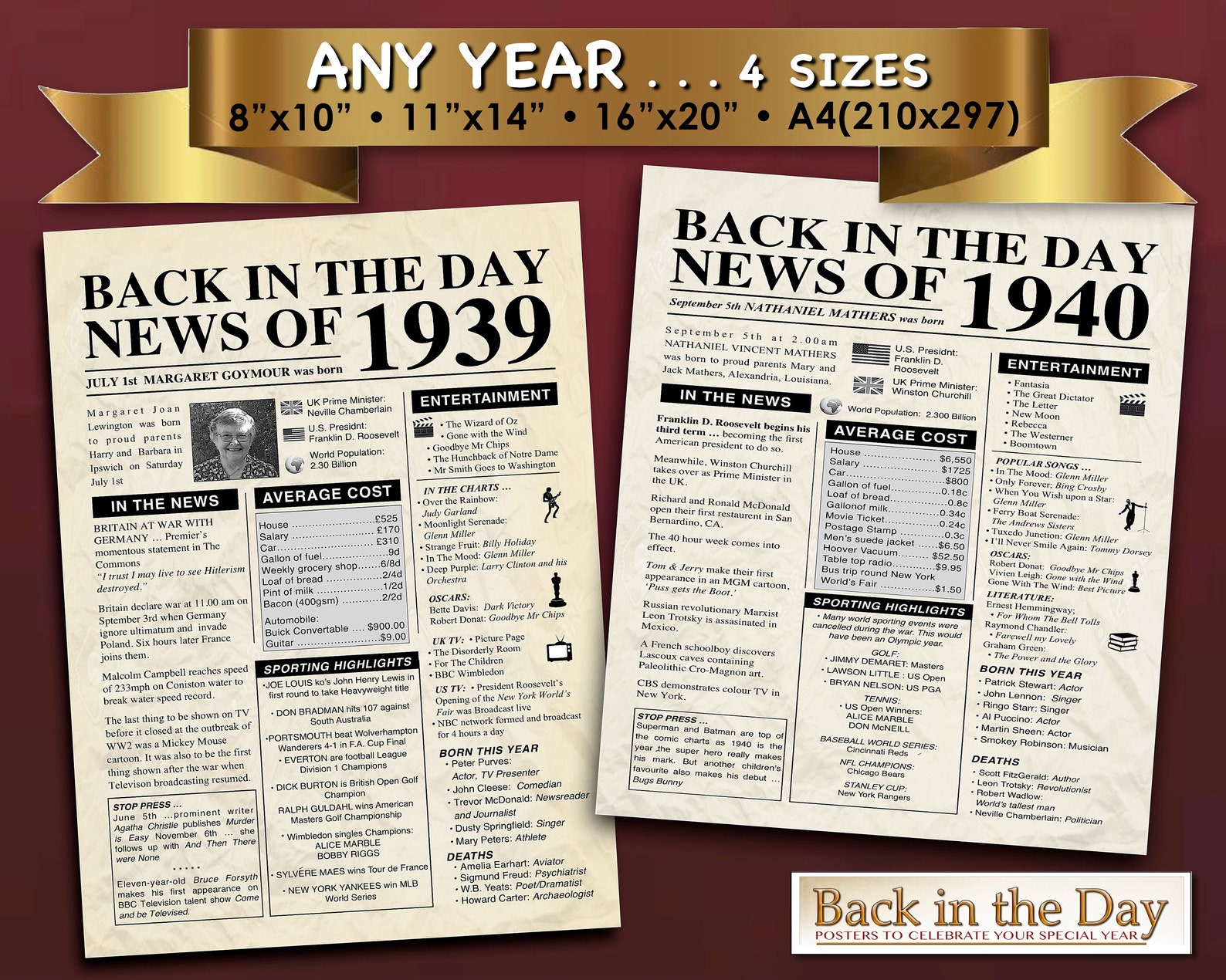 The day you were born any yearPersonalised Newspaper style Etsy
