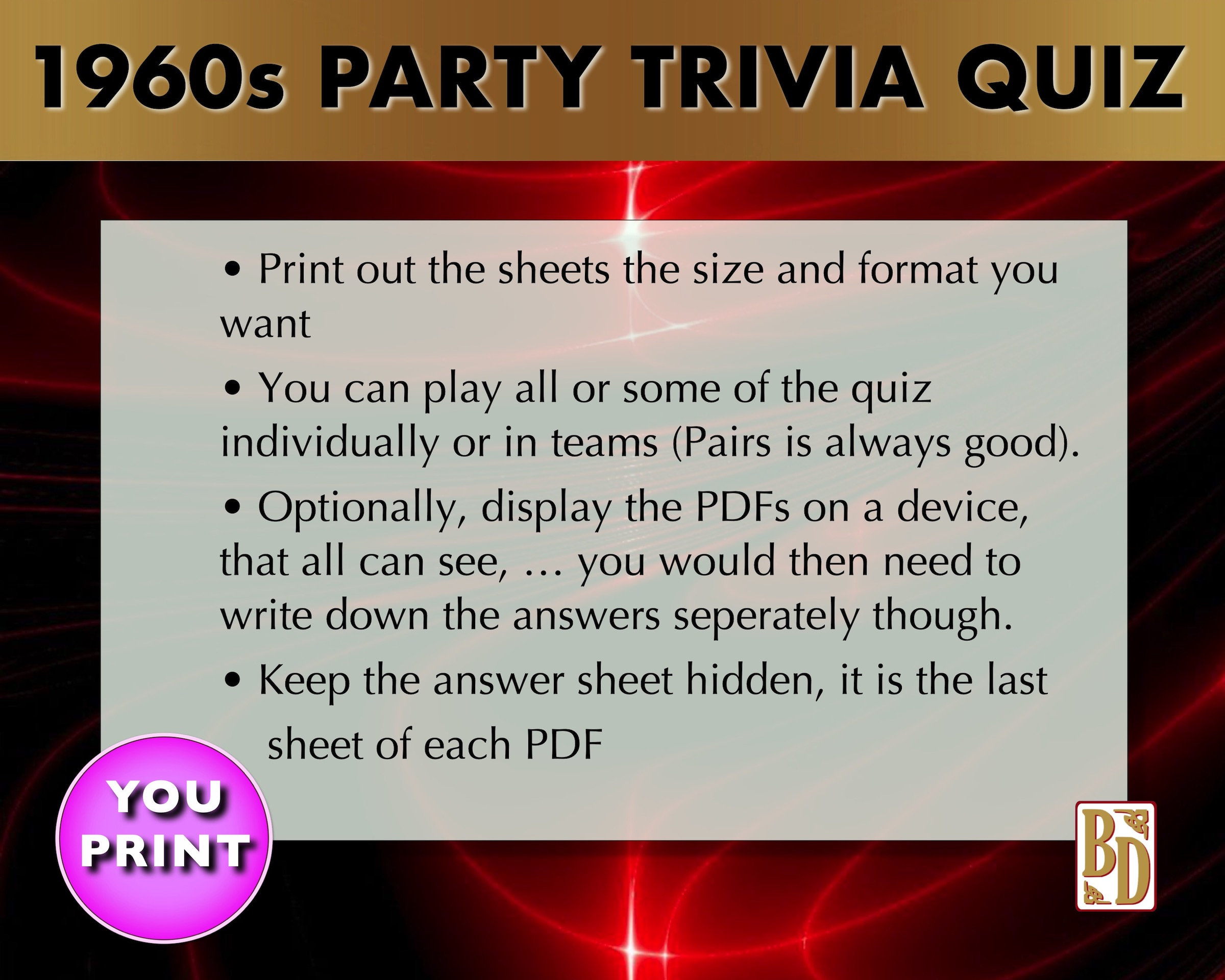 1960's Printable Trivia Quiz Game Bundle Instant - Etsy