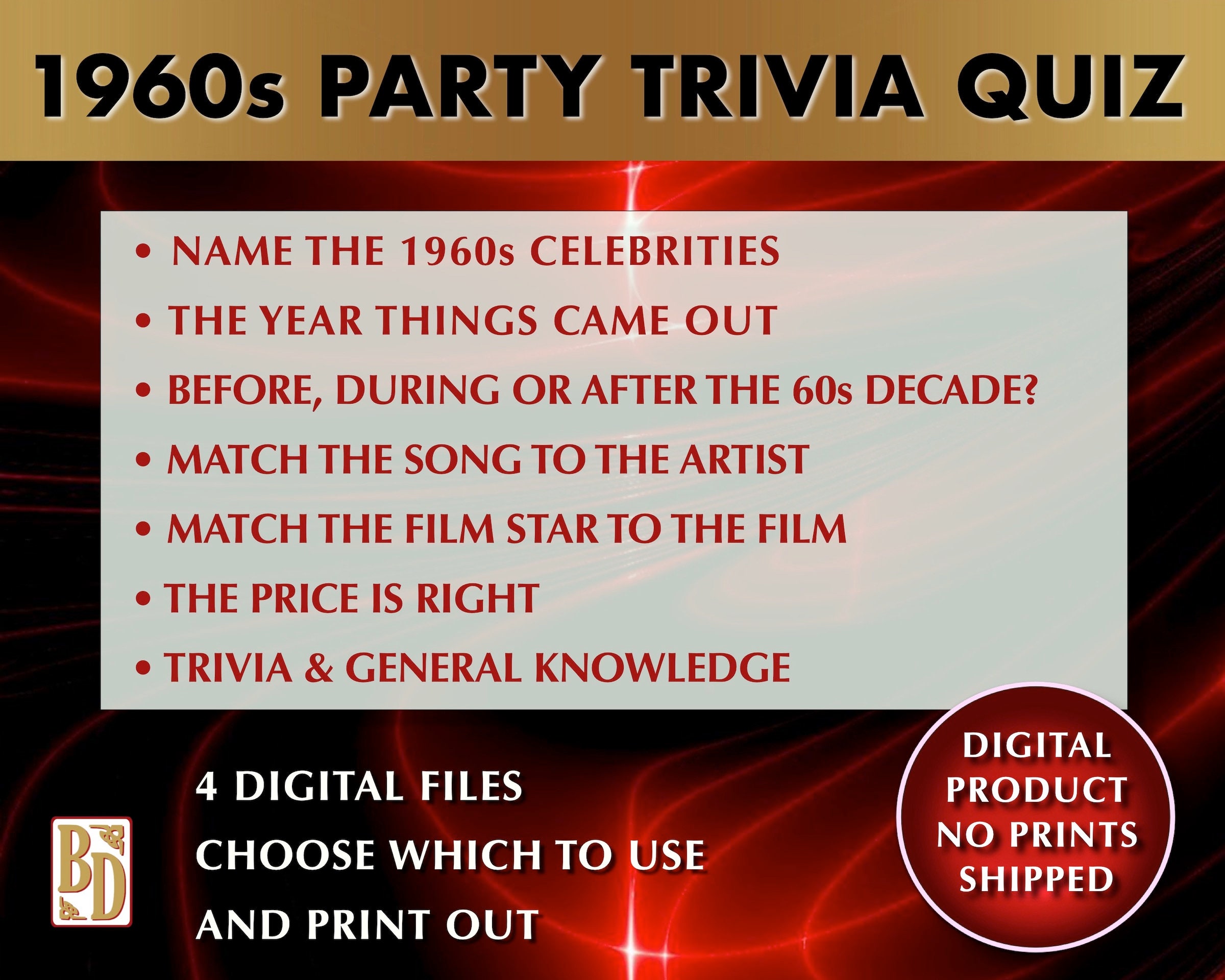 1960's Printable, Trivia Quiz Game Bundle, Instant Download, Party Gift ...