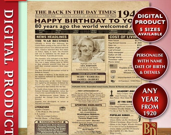 Póster de los años 40, periódico personalizado de cumpleaños vintage