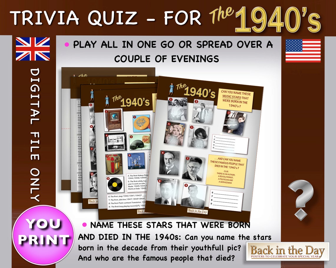1940s Trivia Quiz Pack Celebration Party Gift Back in the | Etsy UK