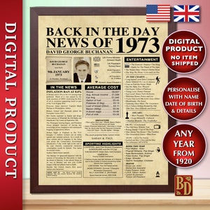 Back in 1973 Poster, 50th Birthday PERSONALISED Poster, Newspaper Sign ...