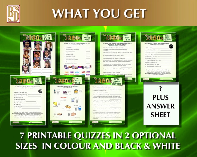 1980's Printable, Trivia Quiz Game Bundle, Instant Download, Party Gift ...