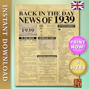 O ano em que você nasceu 1939, Celebration News Poster, antigamente 1939. Versão do Reino Unido