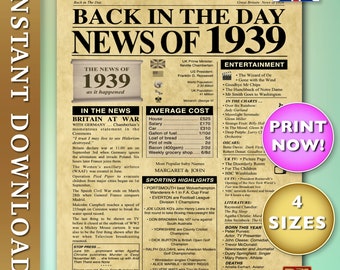 The Year You Were Born 1939, Celebration News Poster, Back in the Day ...